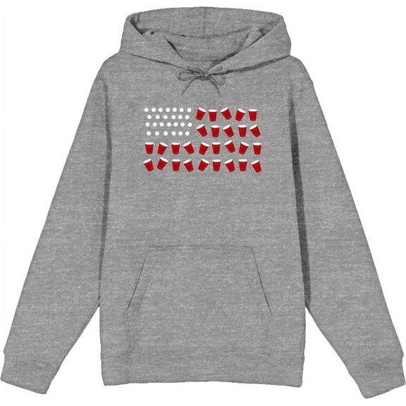 Americana Beer Pong Flag Heather Gray Adult Long Sleeve Hoodie-Small