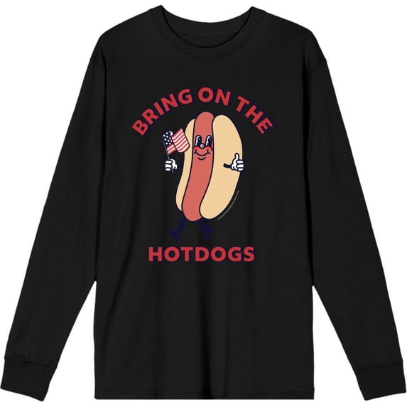 Americana Bring On The Hot Dogs Adult Black Crew Neck Long Sleeve Tee-Medium