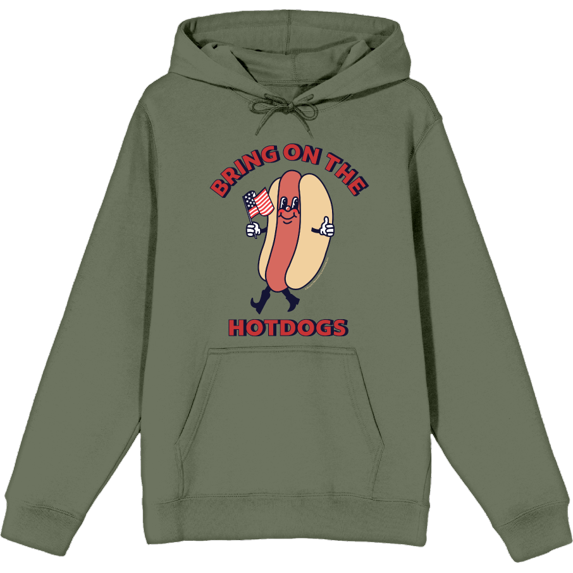 Americana Bring On The Hot Dogs Adult Olive Long Sleeve Hoodie-3XL