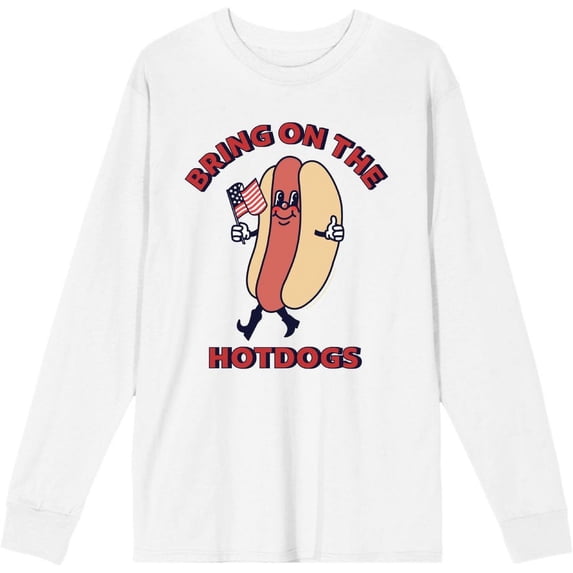 Americana Bring On The Hot Dogs Adult White Crew Neck Long Sleeve Tee-Small