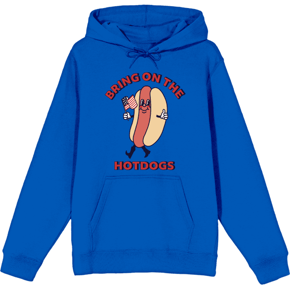 Americana Bring On The Hotdogs Long Sleeve Adult Hooded Sweatshirt-Large-Blue