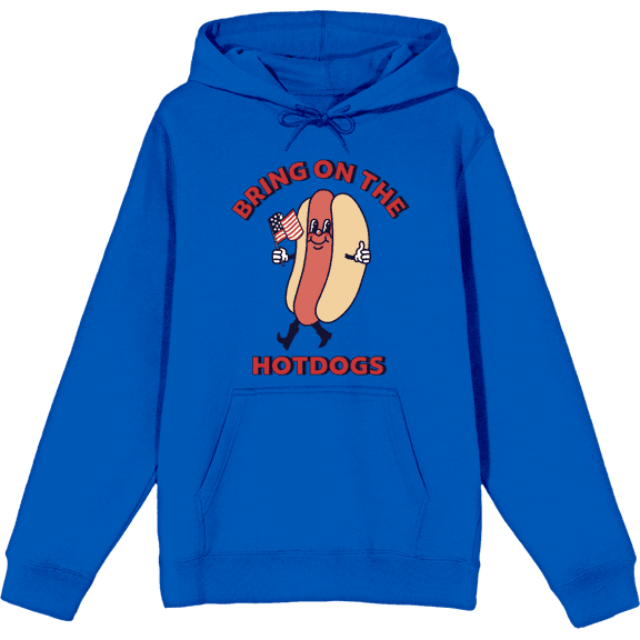 Americana Bring On The Hotdogs Long Sleeve Adult Hooded Sweatshirt-XL-Blue