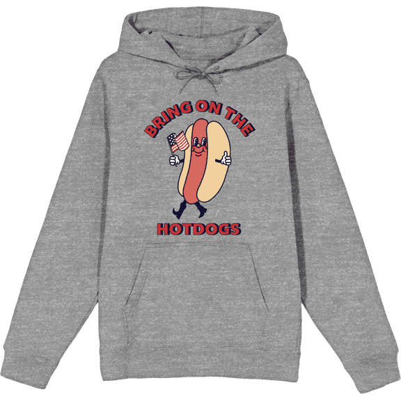 Americana Bring On The Hotdogs Long Sleeve Adult Hooded Sweatshirt-XL-Heather Gray