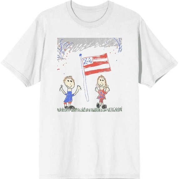 Americana Child Drawing Men's White Crew Neck Short Sleeve Tee-Large