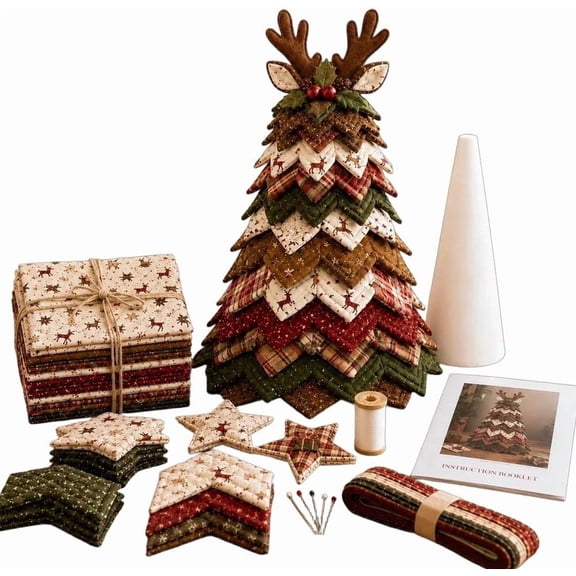 Americana Christmas Tree Quilt Kit, DIY Patchwork Sewing Craft Kit (Reindeer)