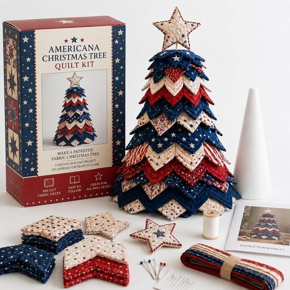 Americana Christmas Tree Quilt Kit | DIY Patriotic Patchwork Sewing Craft (1pc)