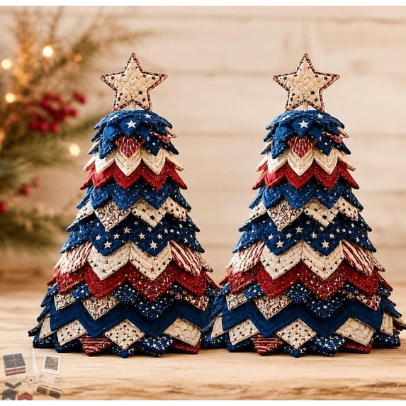 Americana Christmas Tree Quilt Kit, Red White Blue Stars & Stripes DIY Patchwork Sewing Set, Holiday Craft Kit for Adult Beginners, Gift for Quilting Enthusiasts(2PCS)