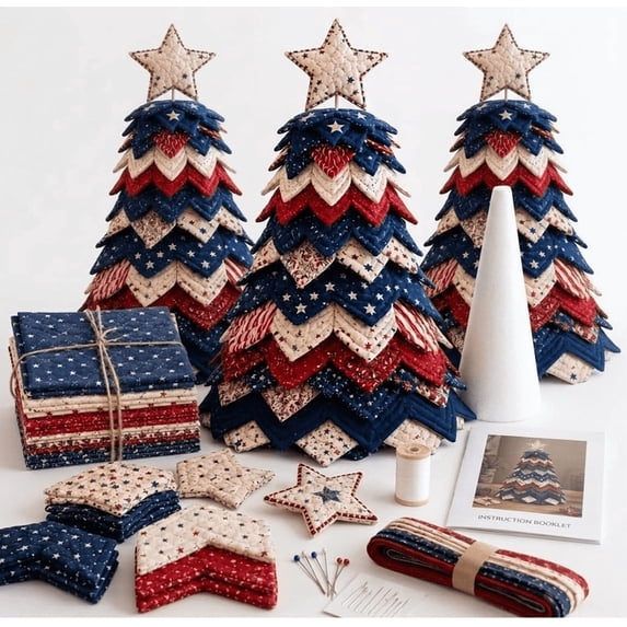 Americana Christmas Tree Quilt Kit, Red White Blue Stars & Stripes DIY Patchwork Sewing Set, Holiday Craft Kit for Adult Beginners, Gift for Quilting Enthusiasts(3PCS)