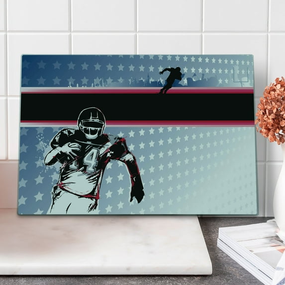 Americana Cutting Board, Baseball American Football Player Running in Field the Stars Pattern, Decorative Tempered Glass Cutting and Serving Board, Large Size, Multicolor, by Ambesonne