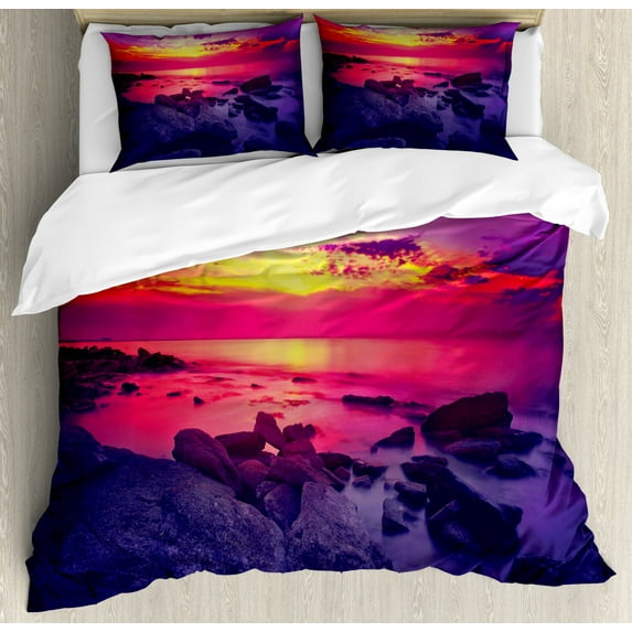 Americana Duvet Cover Set King Size, Dramatic Sunset Over the Sea Tropical Beach Summer Idyllic Scenery Image, Decorative 3 Piece Bedding Set with 2 Pillow Shams, Purple Red Yellow, by Ambesonne