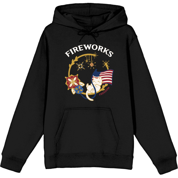 Americana Fireworks Black Adult Long Sleeve Hoodie-Medium