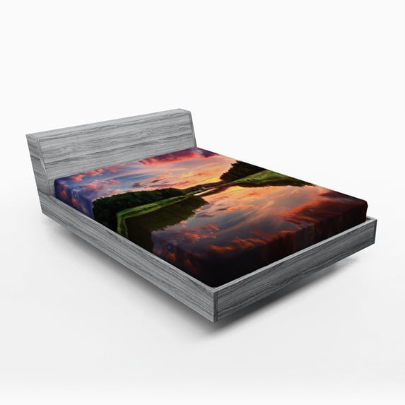 Americana Fitted Sheet, Forest Park in Ukraine Scenic Panorama with Water Reflection Picture Print, Soft Decorative Fabric Bedding, Full Size, Coral Green Blue, by Ambesonne