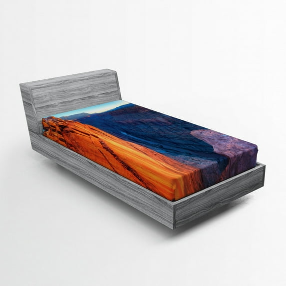 Americana Fitted Sheet, Sunrise at Toroweap Point Grand Canyon National Park Scenery Picture, Soft Decorative Fabric Bedding, Twin Size, Purplegrey Orange Blue, by Ambesonne