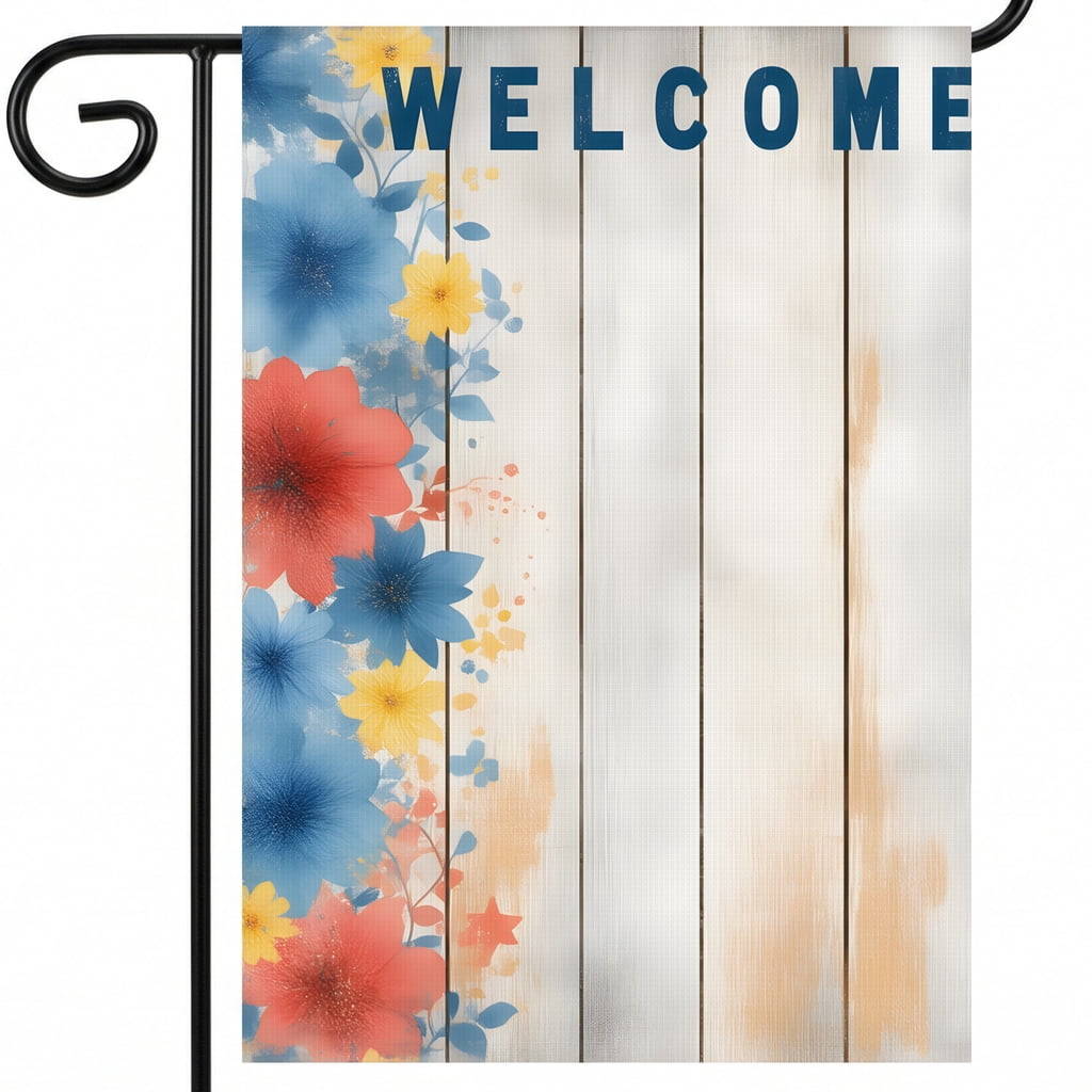 Americana Garden Flag - A Welcome Sign with Colorful Flowers on a Wooden Background - WELCOME AMERICA 28 x 40 Inch Classic Size for Outside