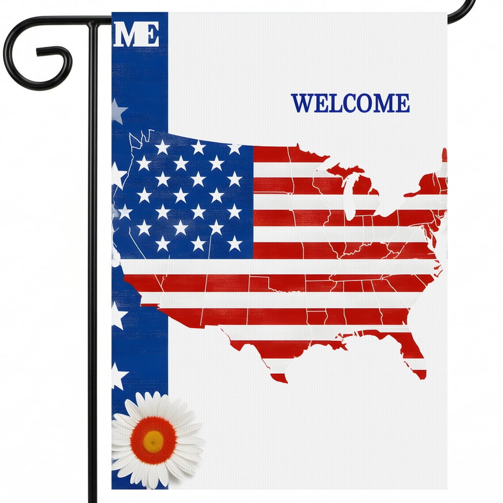 Americana Garden Flag A Map of the United States with an American Flag and a Daisy WELCOME USA 250 Anniversary Standard 28x40 Dimensions Red White and Blue Decorations for Home