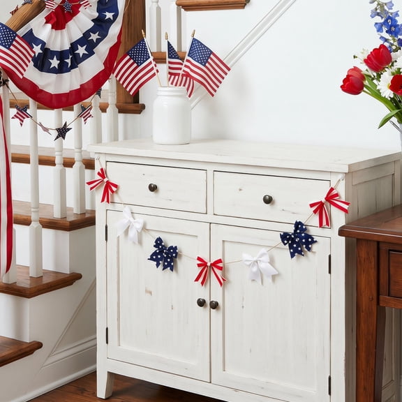 Americana Hanging Decor String, 4Th of July Hanging Decorations, Bow Party Decorations, July 4Th Decorations, 75 Inch Stars and Stripes Bow Garland for Red White Blue National