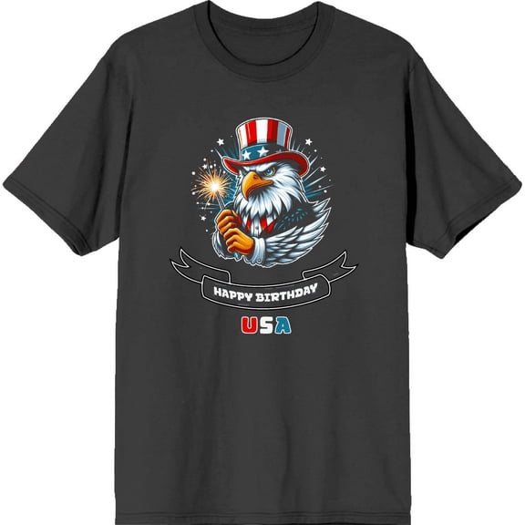Americana Happy Birthday USA Charcoal Men's Crew Neck Short Sleeve Tee-Medium