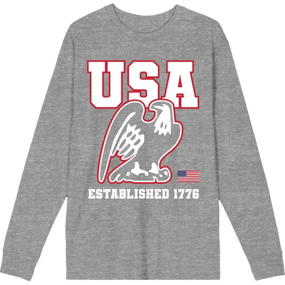 Americana Happy Birthday USA Heather Gray Adult Crew Neck Long Sleeve Tee-Medium