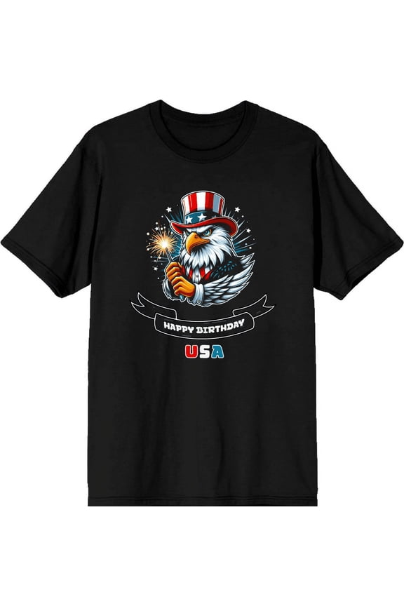 Americana Happy Birthday USA Men's Black Crew Neck Short Sleeve Tee-Large