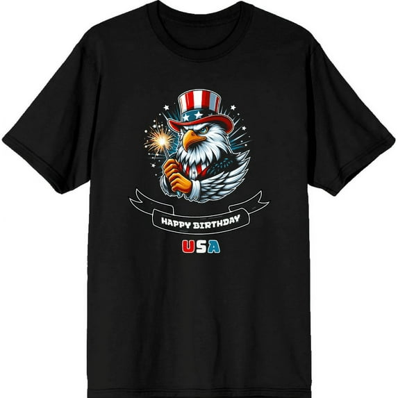 Americana Happy Birthday USA Men's Black Crew Neck Short Sleeve Tee-Large