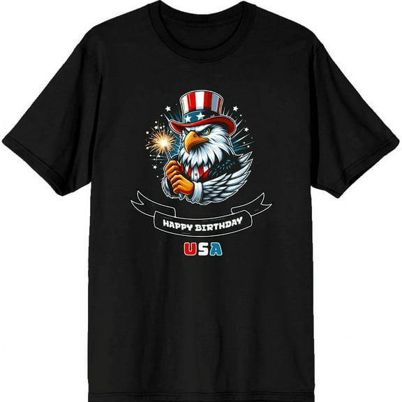 Americana Happy Birthday USA Men's Black Crew Neck Short Sleeve Tee-Large