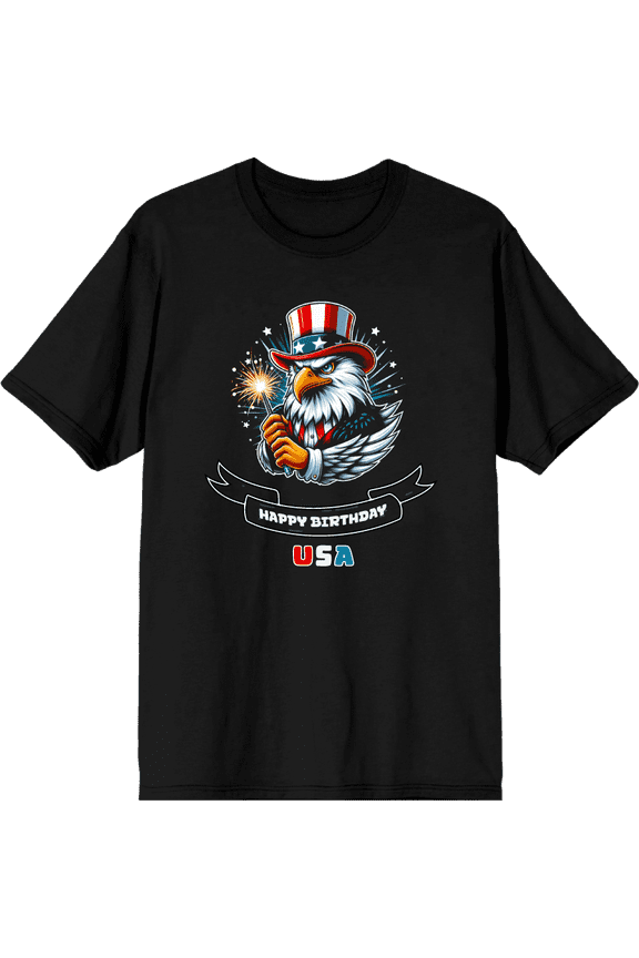 Americana Happy Birthday USA Men's Black Crew Neck Short Sleeve Tee-XS