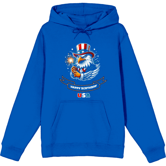 Americana Happy Birthday USA Royal Blue Adult Long Sleeve Hoodie-Medium