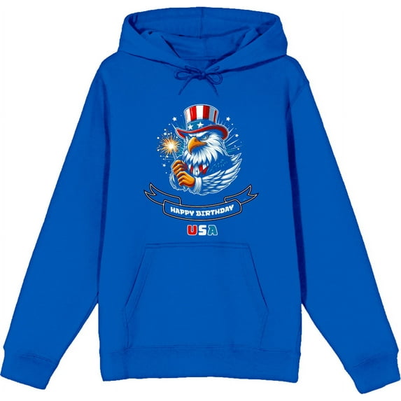 Americana Happy Birthday USA Royal Blue Adult Long Sleeve Hoodie-XXL