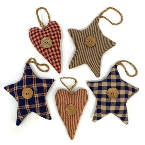 Americana Heart Star Homespun Fabric Christmas Ornaments Valentine Decor - Set of 5 - by Marilee Home