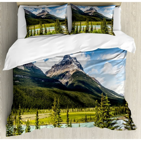 Americana Landscape Decor Queen Size Duvet Cover Set, Canadian Cliffs High Tops and Ranges in Spring Day Panorama Image, Decorative 3 Piece Bedding Set with 2 Pillow Shams, Green Blue, by Ambesonne