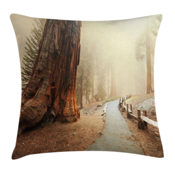 Americana Landscape Decor Throw Pillow Cushion Cover, Forest with Giant Tree Body in the Foggy Forest Yosemite Mist Woodland, Decorative Square Accent Pillow Case, 24 X 24 Inches, Brown, by Ambesonne