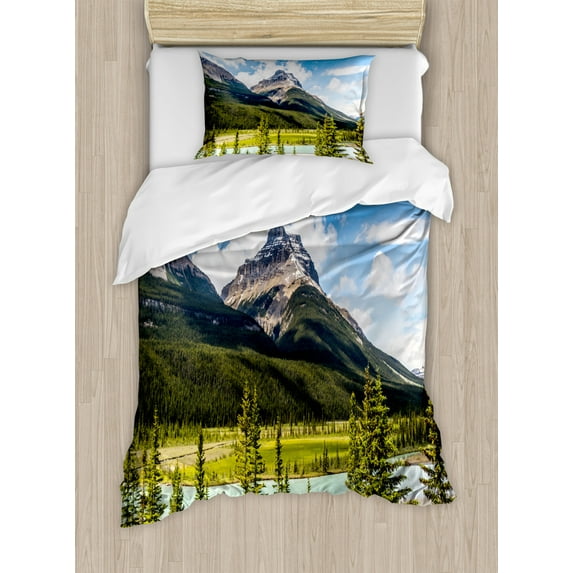 Americana Landscape Decor Twin Size Duvet Cover Set, Canadian Cliffs High Tops and Ranges in Spring Day Panorama Image, Decorative 2 Piece Bedding Set with 1 Pillow Sham, Green Blue, by Ambesonne