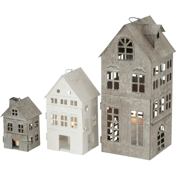 Americana Main Street Town House Candle Lanterns, Set of 3, Vintage Style, Weathered White and Rustic Gray, Metal, Hinged Doors, 14 1/2, 8 3/4 and 5 1/8 Inches Tall
