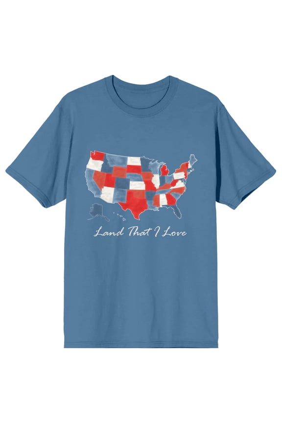 Americana Map Land That I Love Crew Neck Short Sleeve Blue Fog Men's T-shirt-Medium