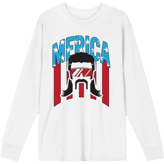 Americana Merica Mustached Man White Adult Crew Neck Long Sleeve Tee-Small