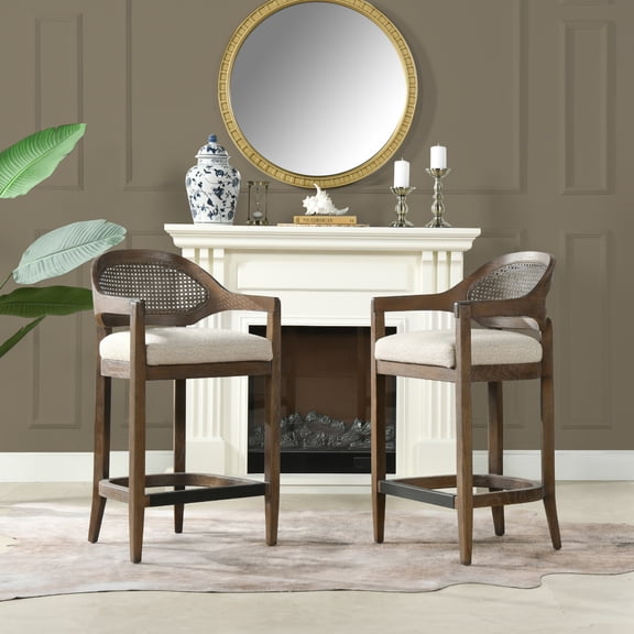 Americana Mid-Century Modern 26" Cane Back Counter Stool in Taupe Beige Textured Weave - Handmade Solid Oak Frame, Barrel Seat, Farmhouse Kitchen Island Bar Furniture