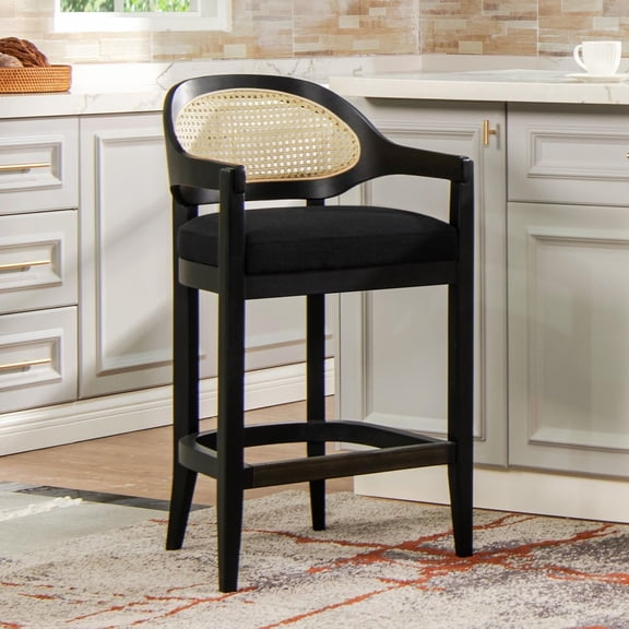 Americana Mid-Century Modern 30.5" Cane Back Bar Stool, Jet Black