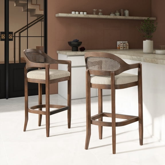 Americana Mid-Century Modern 30.5" Cane Back Bar Stools - 1-Piece Solid Oak with Cane Back