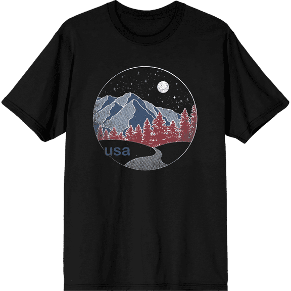 Americana Mountains and Trees Line Adult Black Crew Neck Short Sleeve Tee-Medium