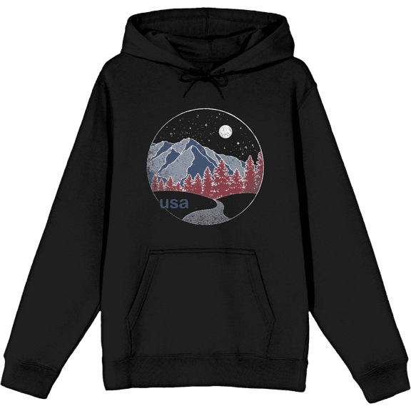 Americana Mountains and Trees Line Adult Black Long Sleeve Hoodie-Medium