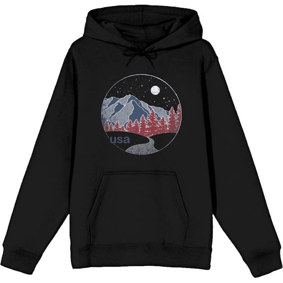 Americana Mountains and Trees Line Adult Black Long Sleeve Hoodie-XXL