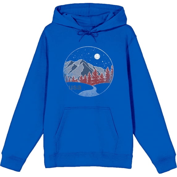 Americana Mountains and Trees Line Adult Blue Long Sleeve Hoodie-Medium