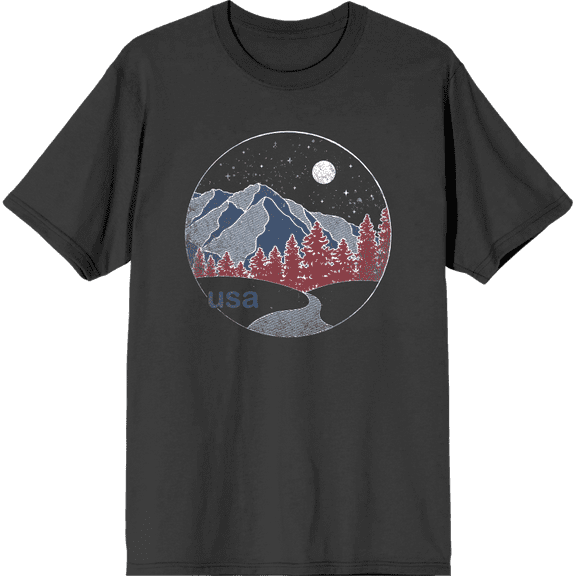 Americana Mountains and Trees Line Adult Charcoal Crew Neck Short Sleeve Tee-XS