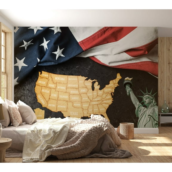 Americana Non-pasted Wallpaper Wall Mural - USA Map With Flag And Statue