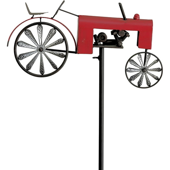 Americana Outdoor Garden Stake, Red Farm Tractor, Kinetic Wheels, Artisan Crafted, Iron, Single Prong Post, 51 inches