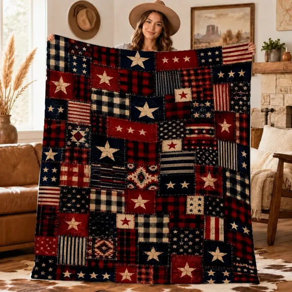 Americana Patchwork Flannel Blanket, Warm Throw Blanket, Rustic Red White Blue Farmhouse Throw for Couch Bed, Patriotic Country Home Decor Gift