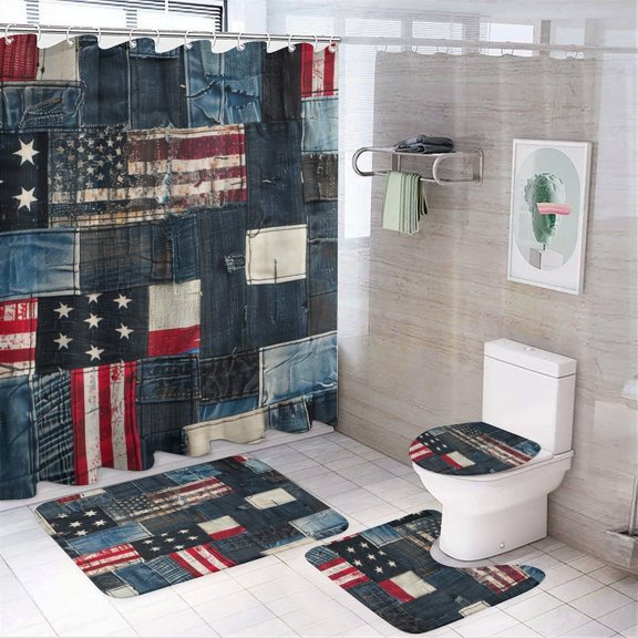 Americana Patchwork Shower Curtain 4 Piece Set Bathroom Decor Set with Non-Slip Rugs Toilet Lid Cover And Bath Mat Independence Day Memorial Day Waterproof Durable Bathroom Decor Shower