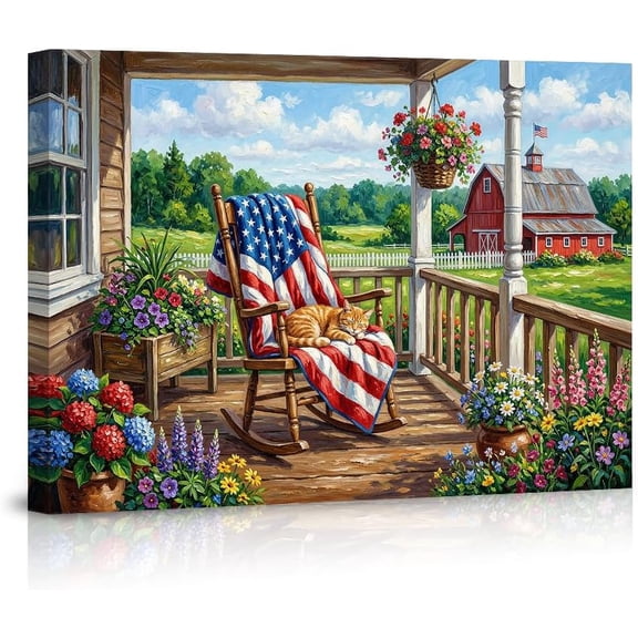 Americana Patriotic Canvas Wall Art American Flag Sleeping Cat on Rocking Chair Country Farmhouse Red Barn Rural Landscape Painting Poster for Living Room Decor