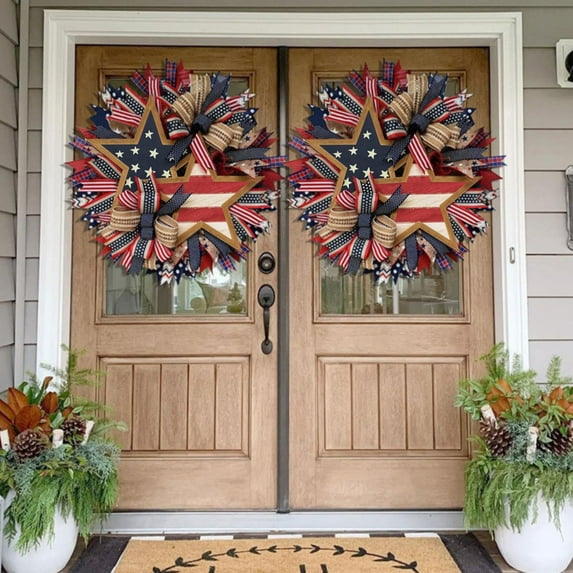 Americana Patriotic Wreath for Front Door - Fourth of July Decorations - Red, White, and Blue Wreaths for Front Door Outside - Indoor Outdoor Home Party Decor - Festive Independence Day Garland