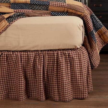 Americana Primitive Patriotic Patch Plaid Bed Skirt, Queen Size, Red Cotton Dust Ruffle with 16 Inch Drop